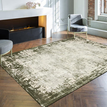 Kuza Border Modern Abstract Distressed Shimmer Hi-Lo Textured Soft Velvety Touch High-Density Durable Easy-Care Short Pile Khaki/Light Grey/Cream Rug-Asiatic Carpets-Rug Love - The Most Loved Rug Store